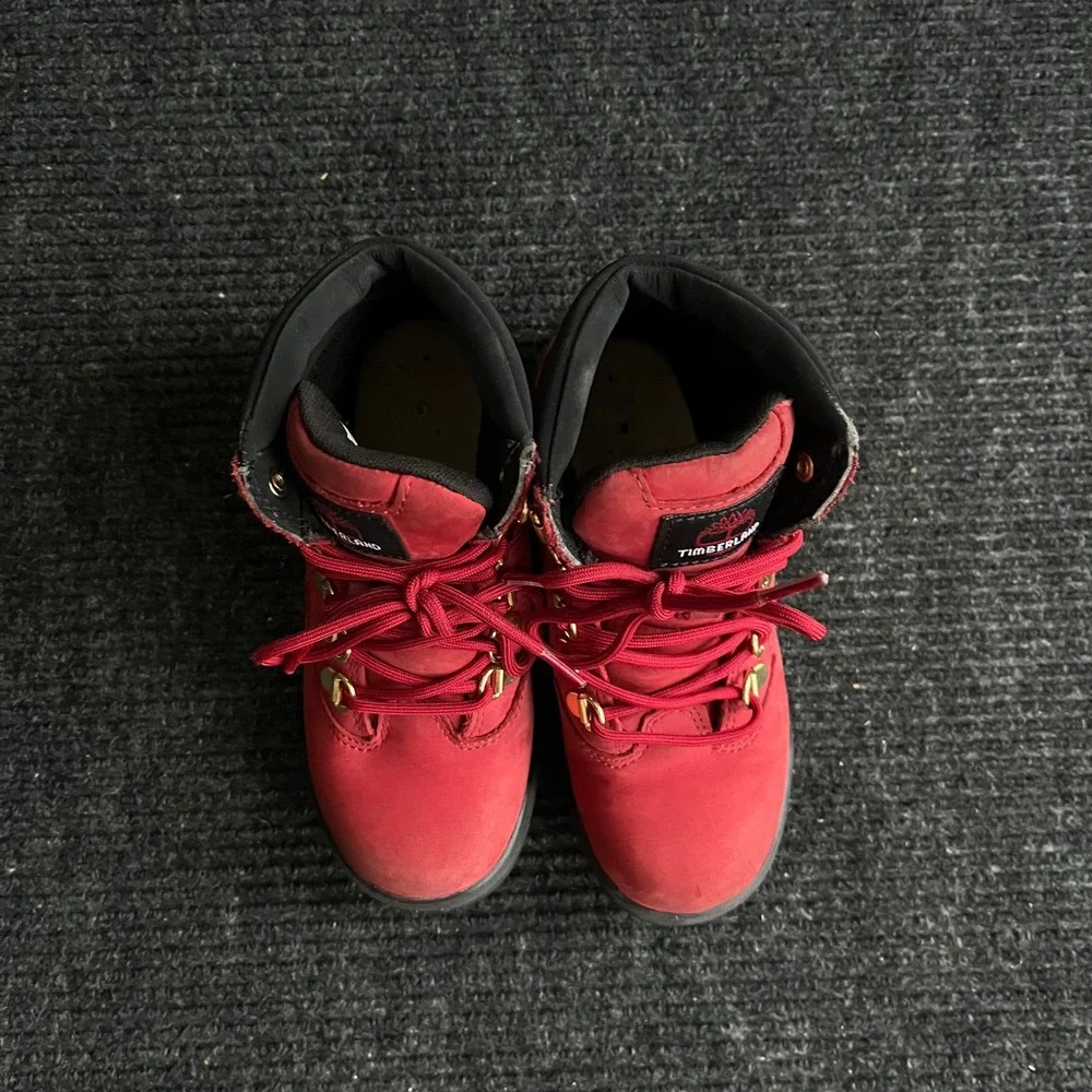 Timberland Field Boots Boys 1 Red Nubuck Mesh Mid Top Hiking A2JKR Gold Hardware